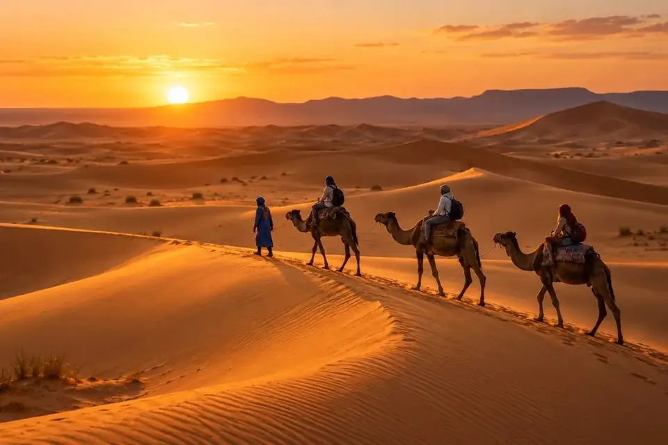 Illustrative scene of a camel caravan crossing Moroccan desert dunes at sunset