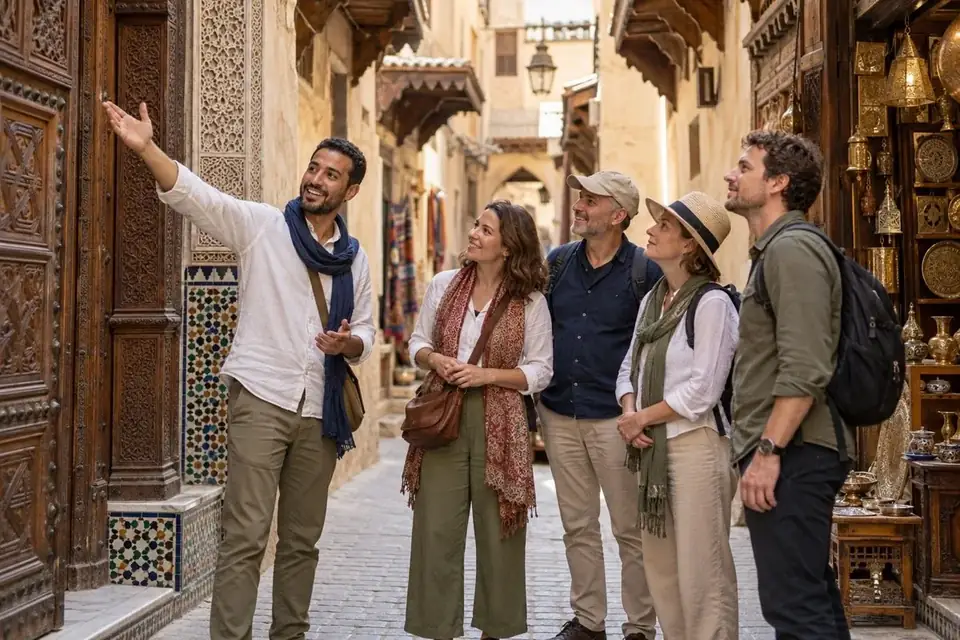 Illustrative scene of a guide with a group in Fes old medina